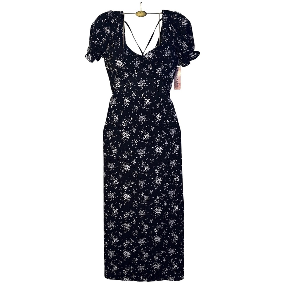 NEW -  Hearts Black Floral Ditsy Midi Dress Strappy Back, Small